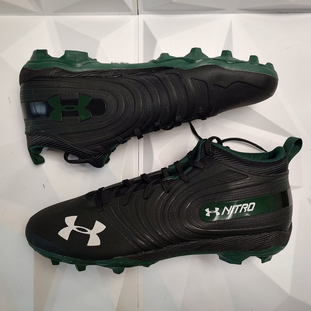Under Armour Mens Football Cleat 16 Black Green Shoe Lacrosse Nitro Mid MC - Picture 2 of 10